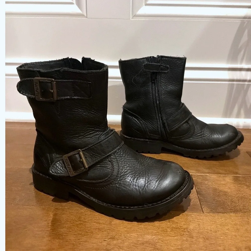 Kickers Engineer Boots Kids EU 30 Black Leather Buckle Moto Biker Harness Boot